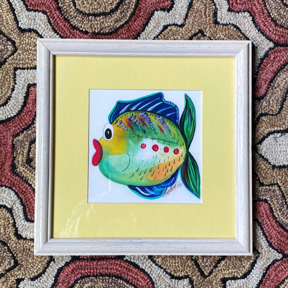 Artist Signed Tropical Fish Watercolor Yellow Matte, Framed Print‎ 11” Square